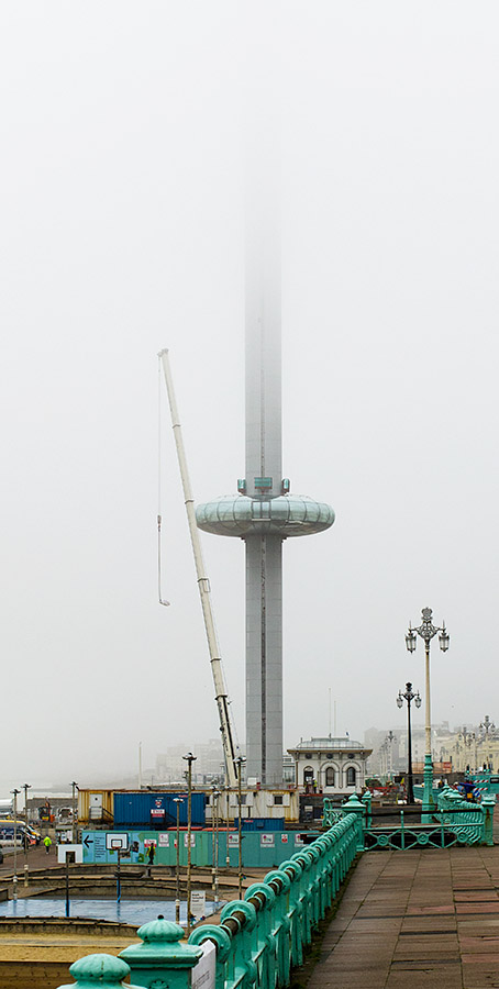 i360 (i-Sore) tower in the mist on Brighton seafront